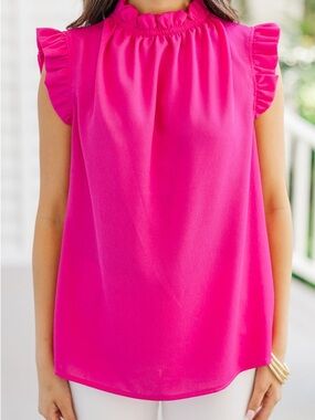 Flutter Sleeve High-Neck Pink Women's Top